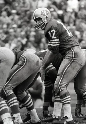 San Francisco 49ers quarterback John Brodie in action against the Los Angeles Rams at Kezar Stadium.