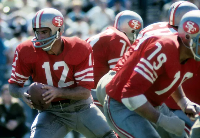 San Francisco 49ers quarterback John Brodie in action against the St. Louis Cardinals at Kezar Stadium.