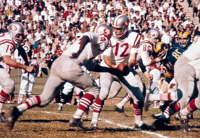 San Francisco 49ers quarterback John Brodie in action against the Los Angeles Rams at the Coliseum.