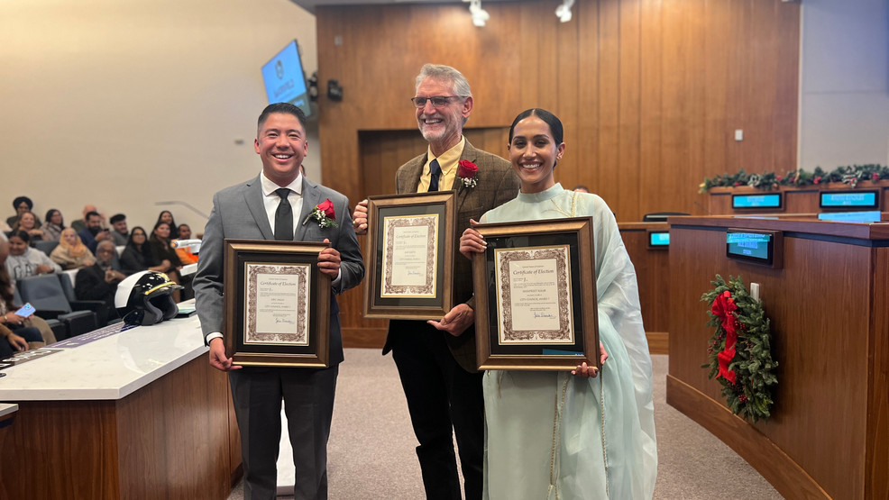 Photographed from left to right: Eric Arias, Ward 1; Ken Weir, Ward 3; and Manpreet Kaur, who will represent ward 7{ } (KBAK/FOX58)