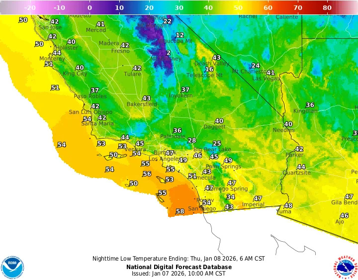 NOAA graphical maps show nighttime lows in California late Wednesday into early Thursday, Jan. 7-8, 2025.