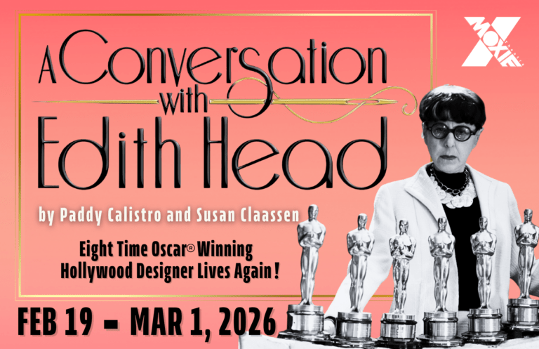 Poster for the play A Conversation with Edith Head, showing a woman standing with numerous Oscars