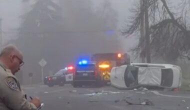 A driver suffered minor injuries after an early-morning crash in Fresno caused by inattention and foggy conditions sent a vehicle off the road into a power pole and onto its side, CHP said Tuesday, Jan. 20, 2026. (CHP)