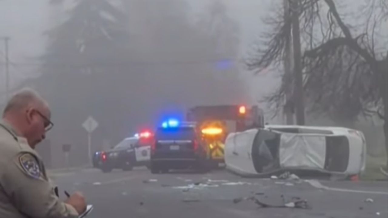 A driver suffered minor injuries after an early-morning crash in Fresno caused by inattention and foggy conditions sent a vehicle off the road into a power pole and onto its side, CHP said Tuesday, Jan. 20, 2026. (CHP)