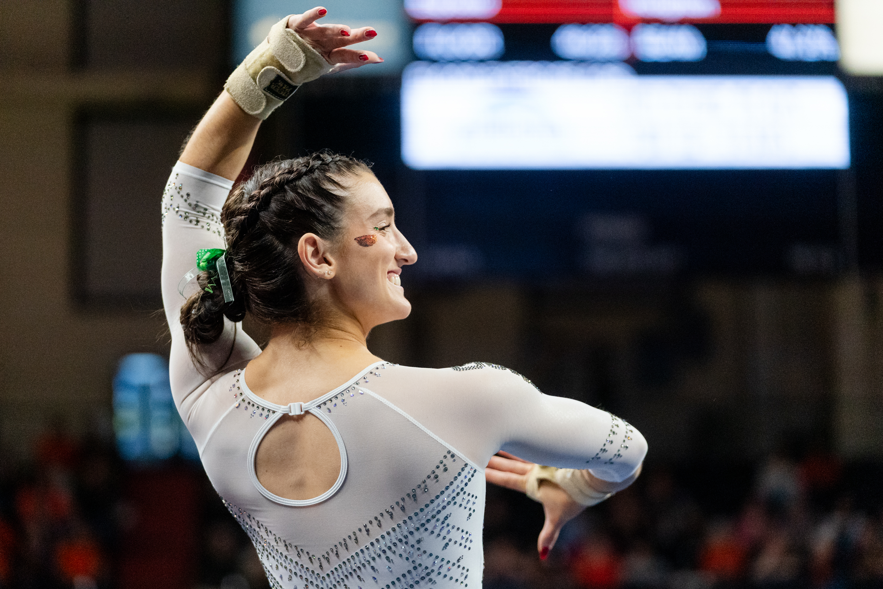 Sophia Esposito of the Oregon State Beavers competes on the floor exercise during a gymnastics meet against the Sacramento State Hornets at Gill Coliseum on January 16, 2026 in Corvallis, OR.