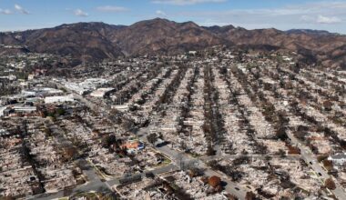 The devastation from the Palisades Fire is shown in an aerial view in the Pacific Palisades neighborhood of Los Angeles, Monday, Jan. 27, 2025. (AP Photo/Jae C. Hong, File)