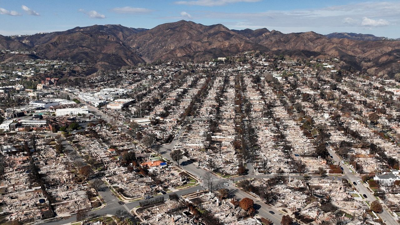 The devastation from the Palisades Fire is shown in an aerial view in the Pacific Palisades neighborhood of Los Angeles, Monday, Jan. 27, 2025. (AP Photo/Jae C. Hong, File)