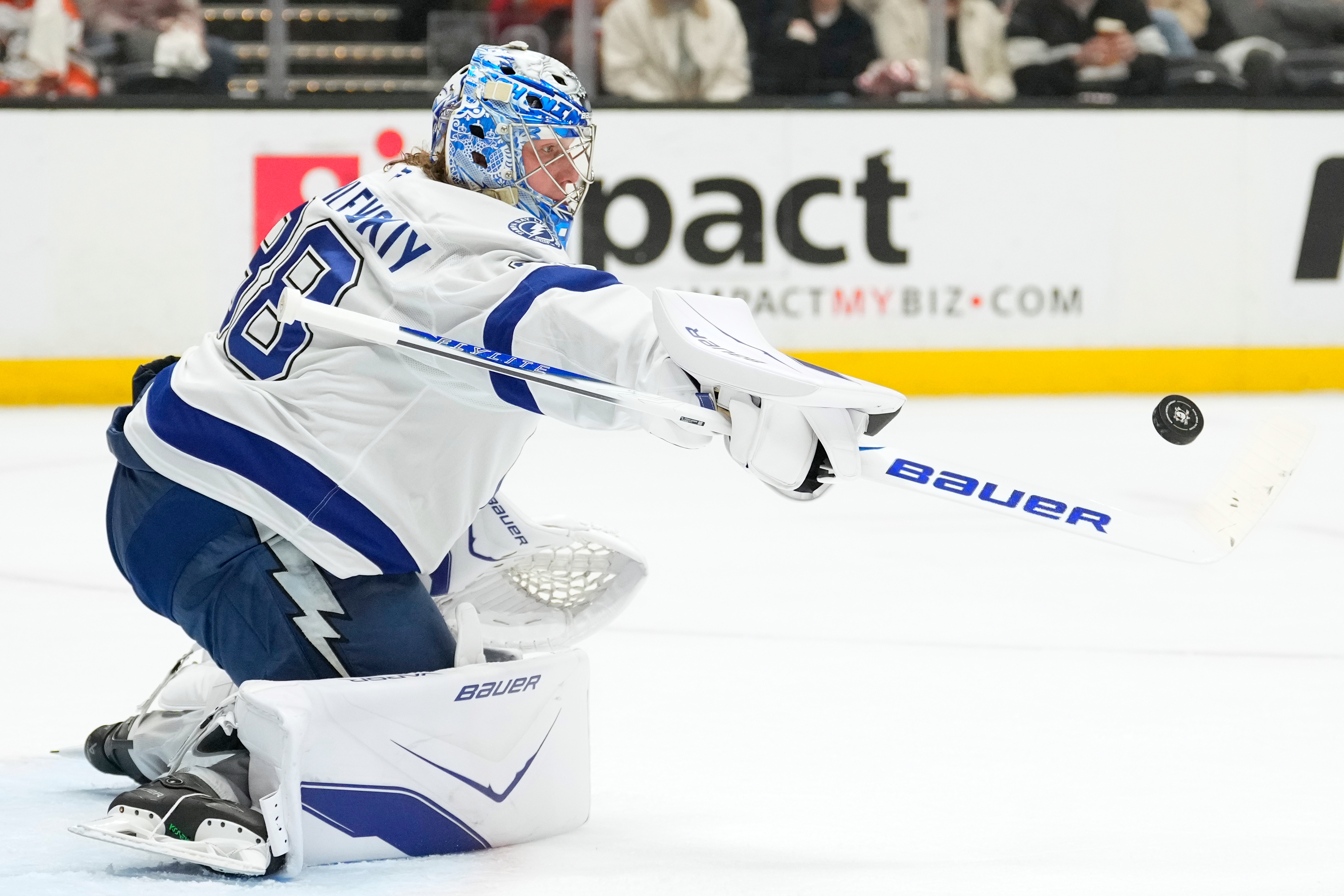 Tampa Bay Lightning goaltender Andrei Vasilevskiy deflects a shot during...