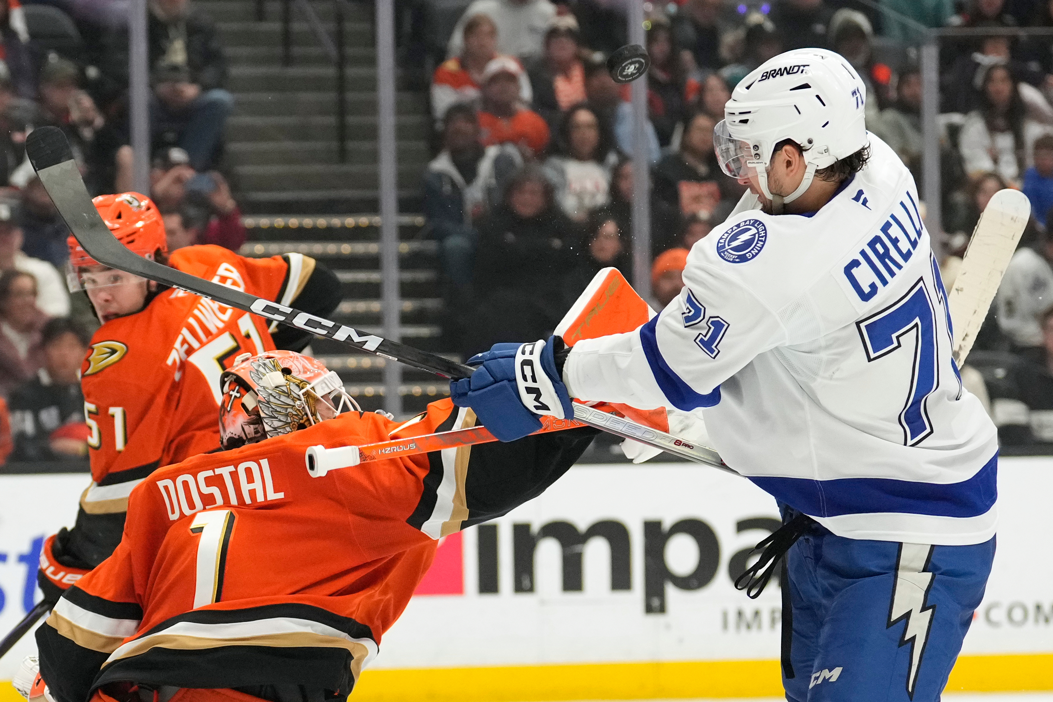 Ducks goaltender Lukas Dostal, center, deflects a shot as Tampa...