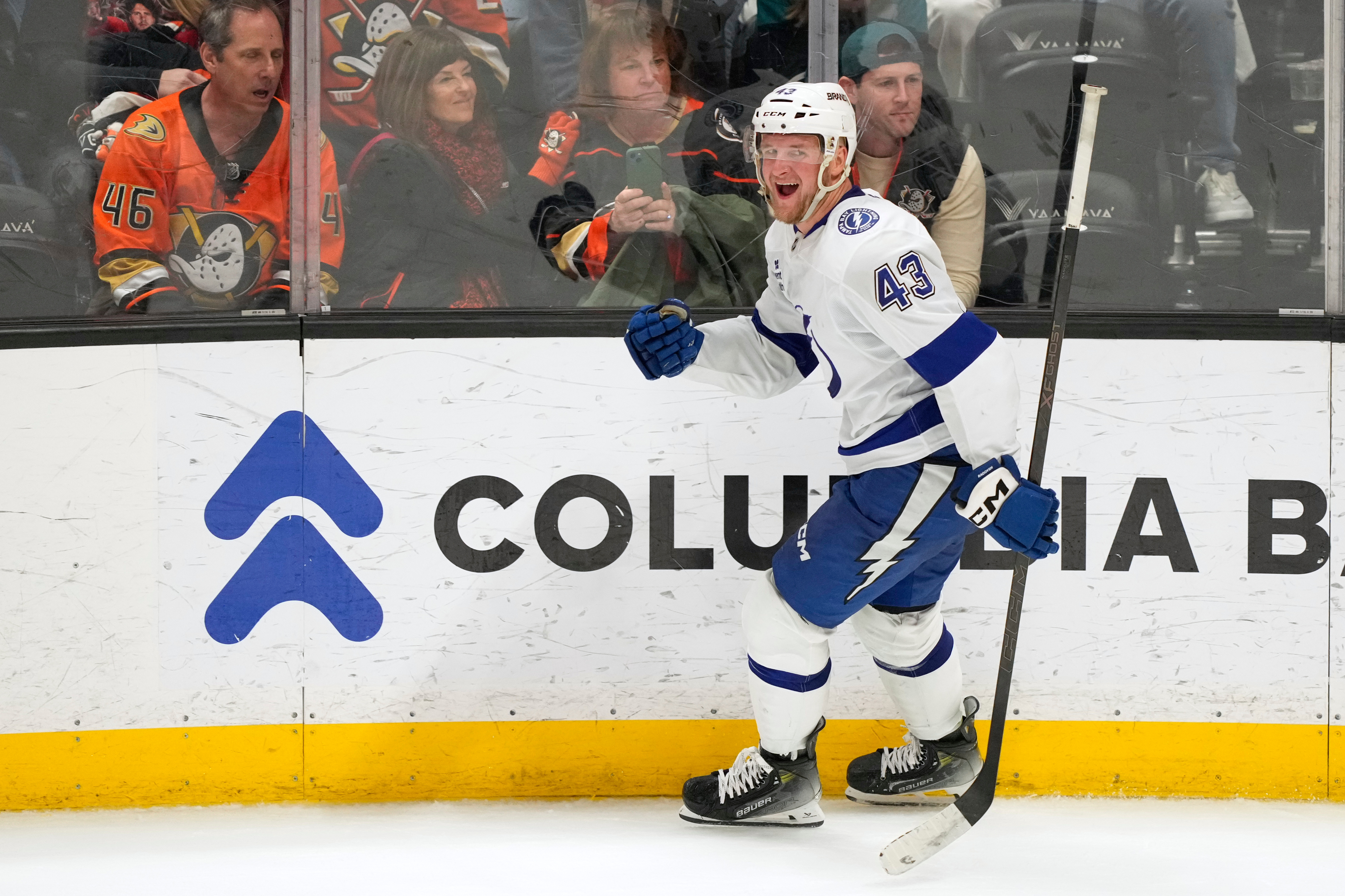 Tampa Bay Lightning defenseman Darren Raddysh celebrates his game-winning overtime...