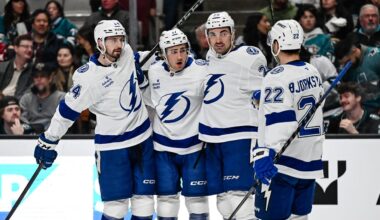 Tampa Bay Lightning center Dominic James (17), middle left, celebrates after scoring a goal against the San Jose Sharks during the second period of an NHL hockey game Saturday, Jan. 3, 2026, in San Jose, Calif. (AP Photo/Thien-An Truong)