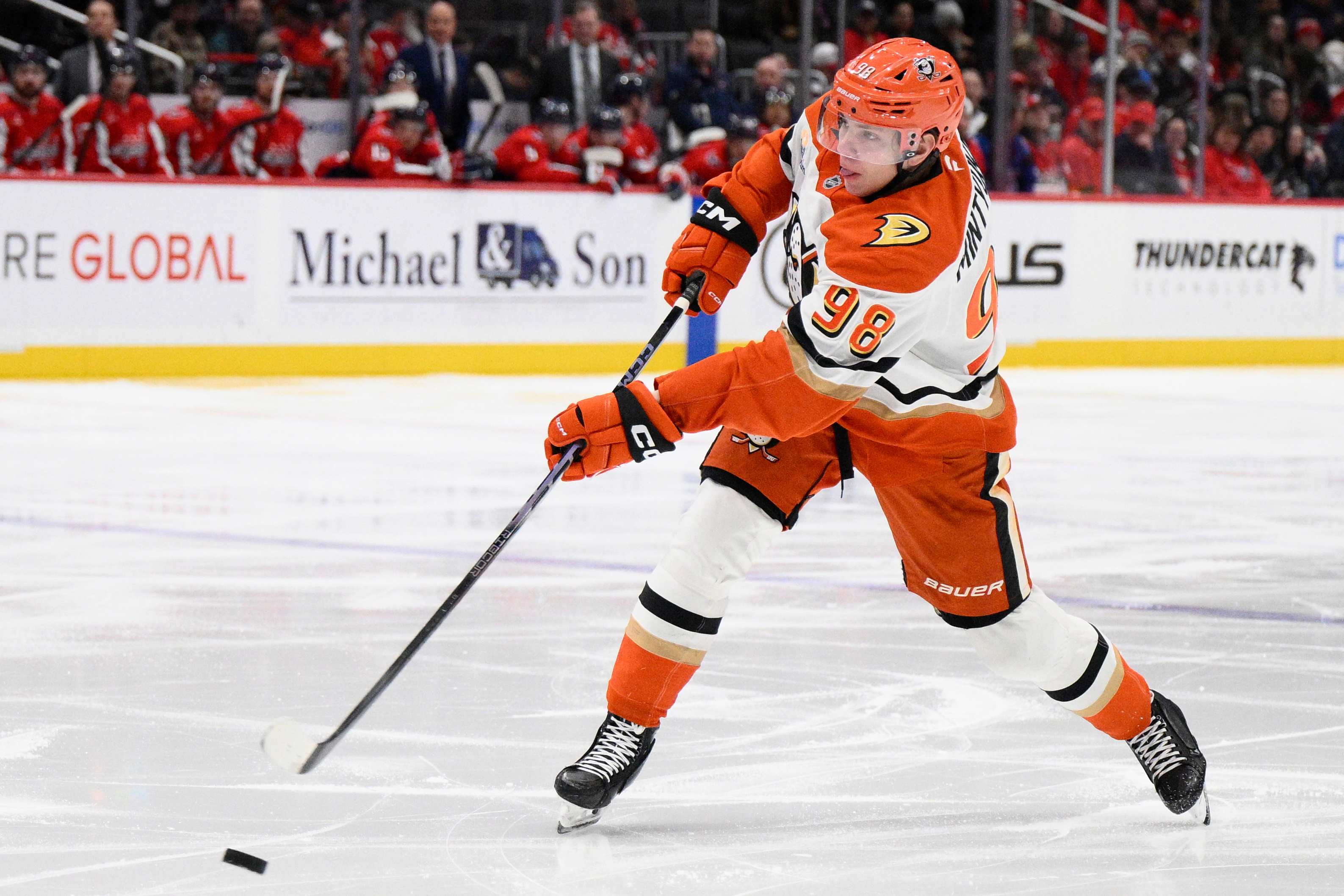 Ducks defenseman Pavel Mintyukov shoots the puck during the second...