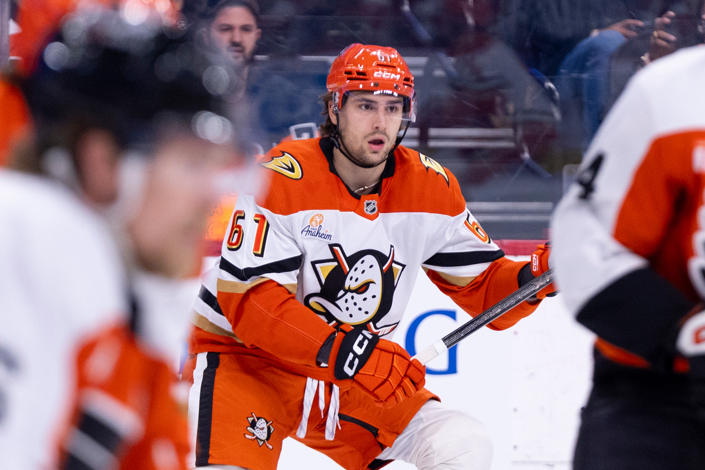 The Ducks’ Cutter Gauthier looks for the puck during the...