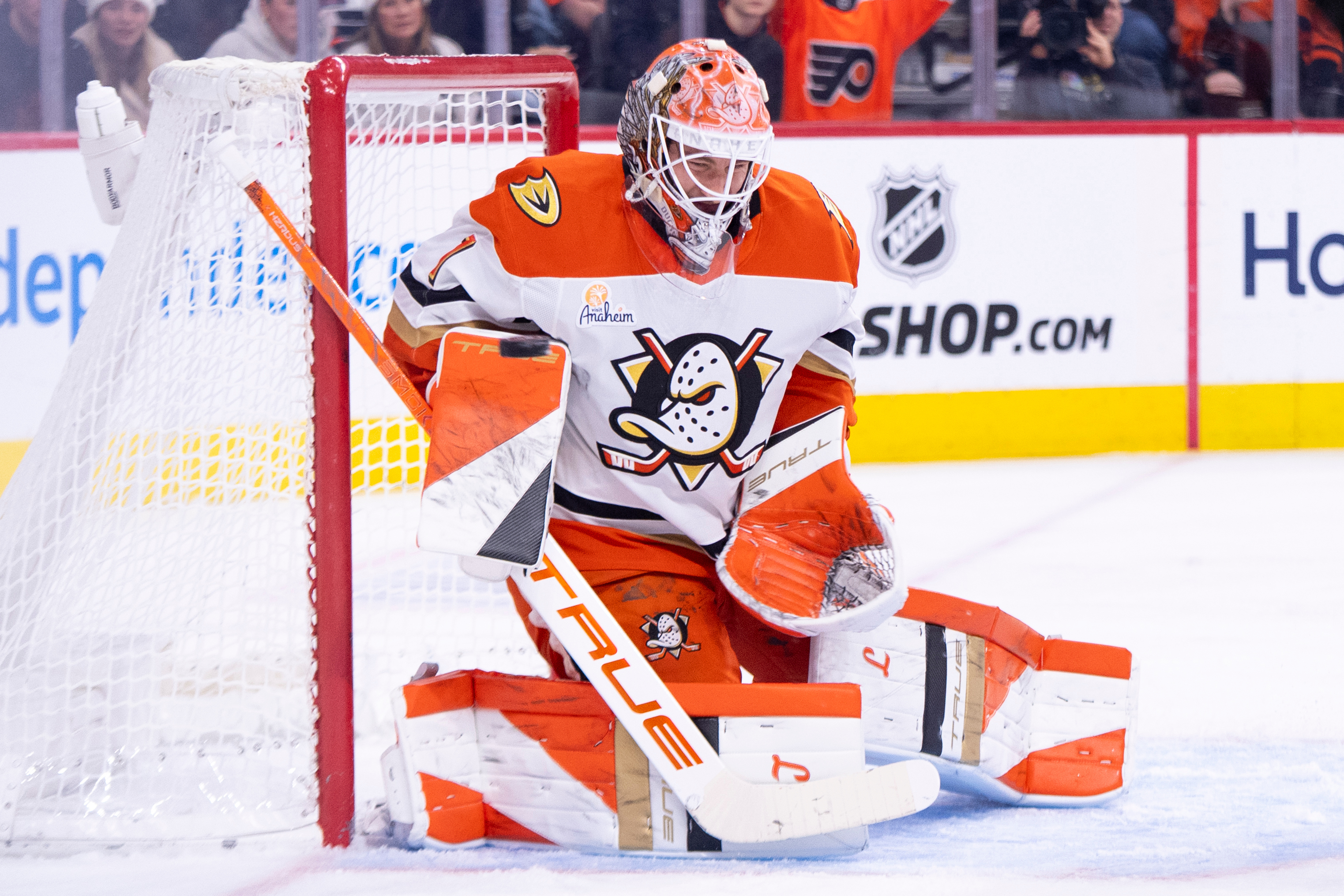 Ducks goaltender Lukas Dostal makes the save during the second...