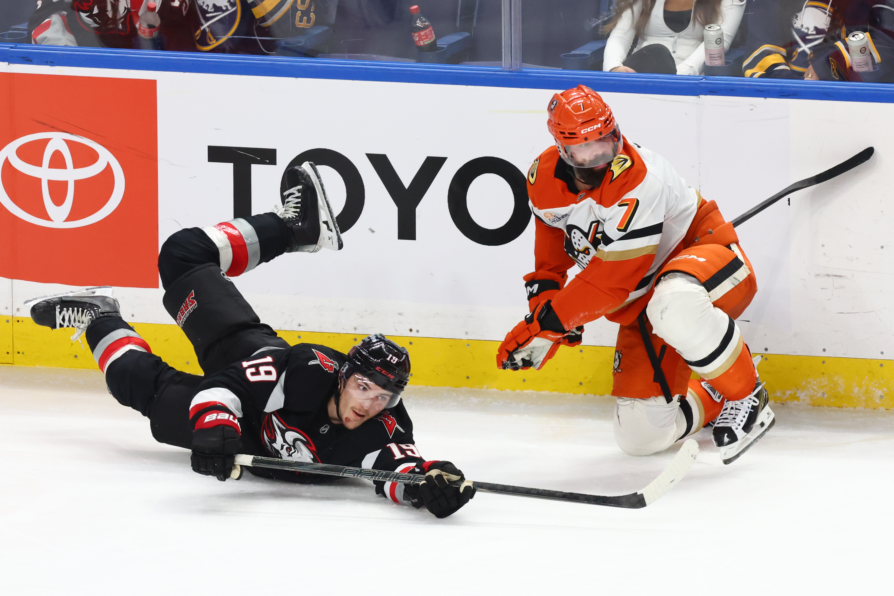 Buffalo Sabres center Peyton Krebs (19) and Ducks defenseman Radko...