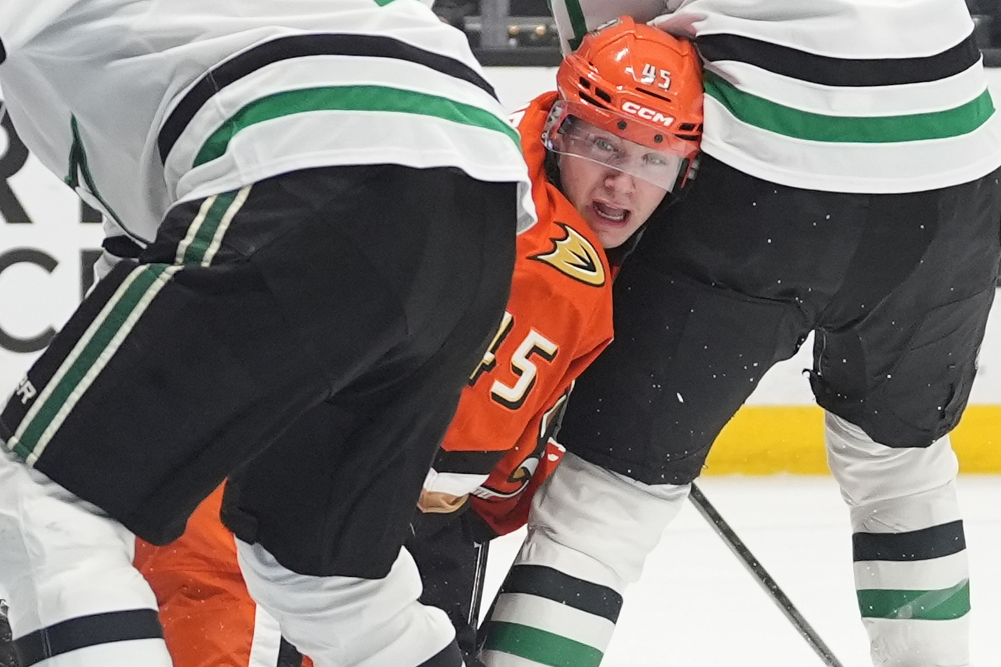 Ducks right wing Beckett Sennecke watches his shot go in...