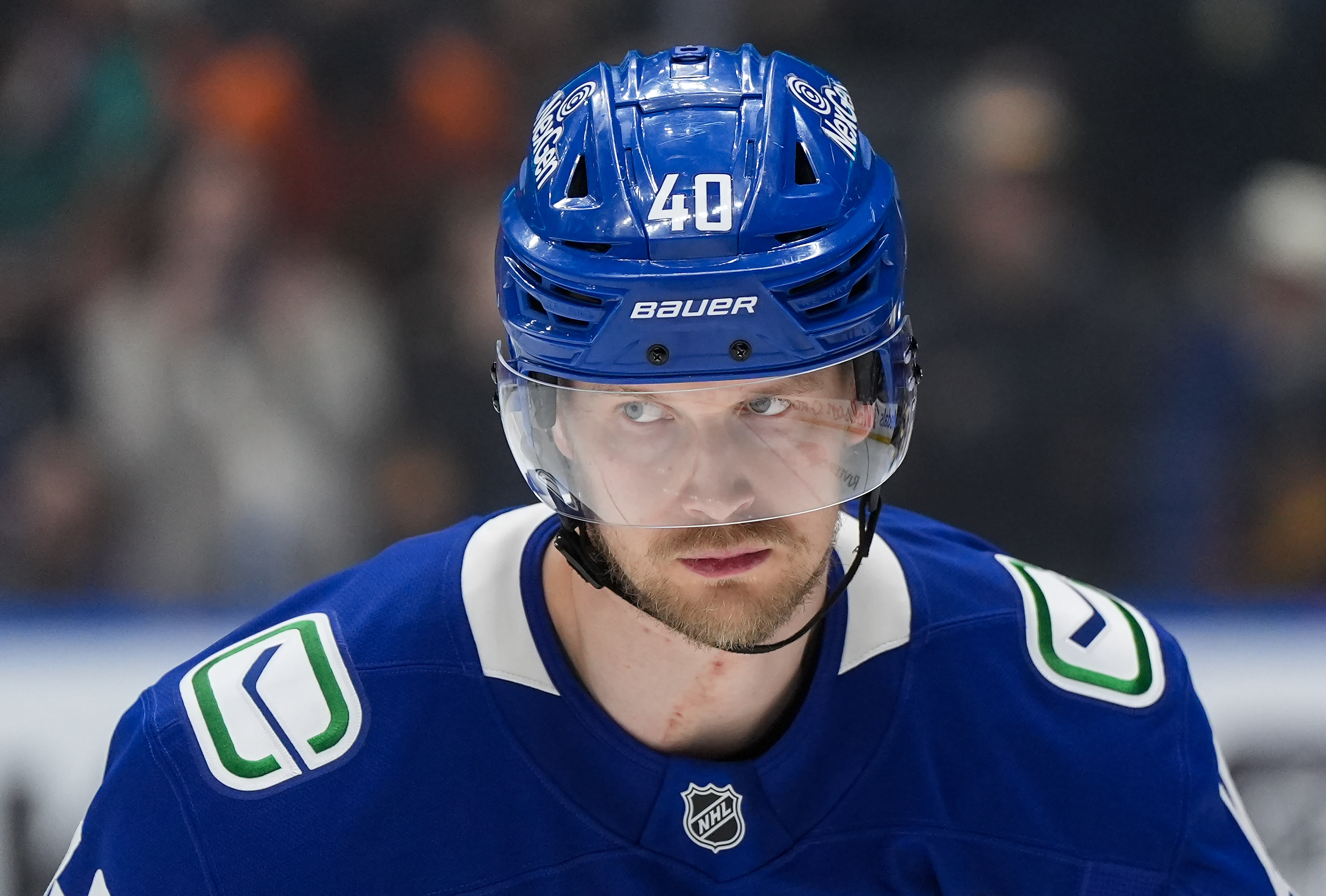 The Vancouver Canucks’ Elias Pettersson skates before a game against...
