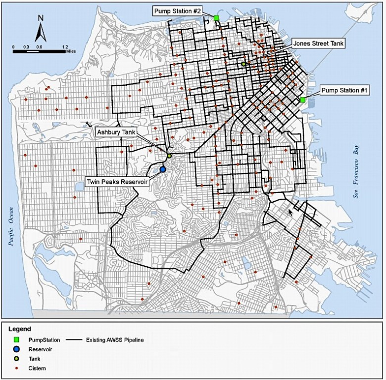 a map of San Francisco's backup emergency water system, AWSS. 