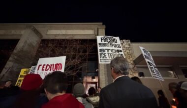 About 100 protesters rallied and marched through downtown Fresno on Thursday, Jan. 9, 2026, to oppose immigration enforcement, following a fatal ICE-related operation elsewhere. (GV Wire/Maryanne Casas-Perez)
