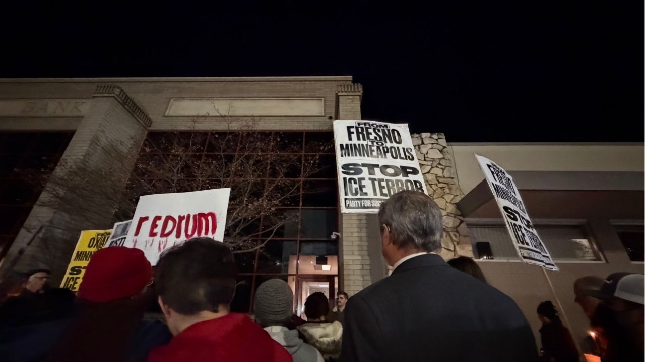 About 100 protesters rallied and marched through downtown Fresno on Thursday, Jan. 9, 2026, to oppose immigration enforcement, following a fatal ICE-related operation elsewhere. (GV Wire/Maryanne Casas-Perez)