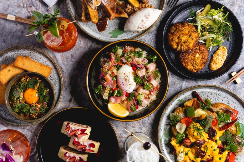 Dishes arrayed on a table.
