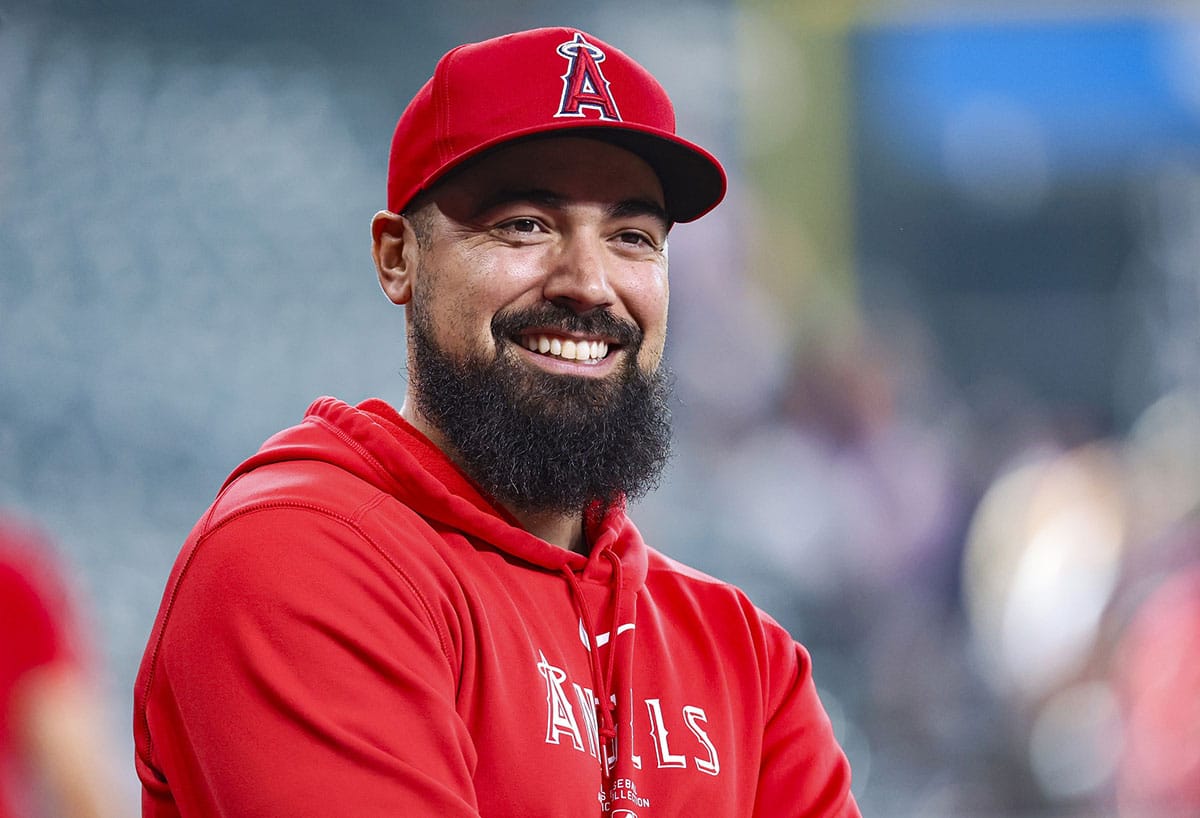 Los Angeles Angels third baseman Anthony Rendon smiles on the field before the game against the Houston Astros at Minute Maid Park.