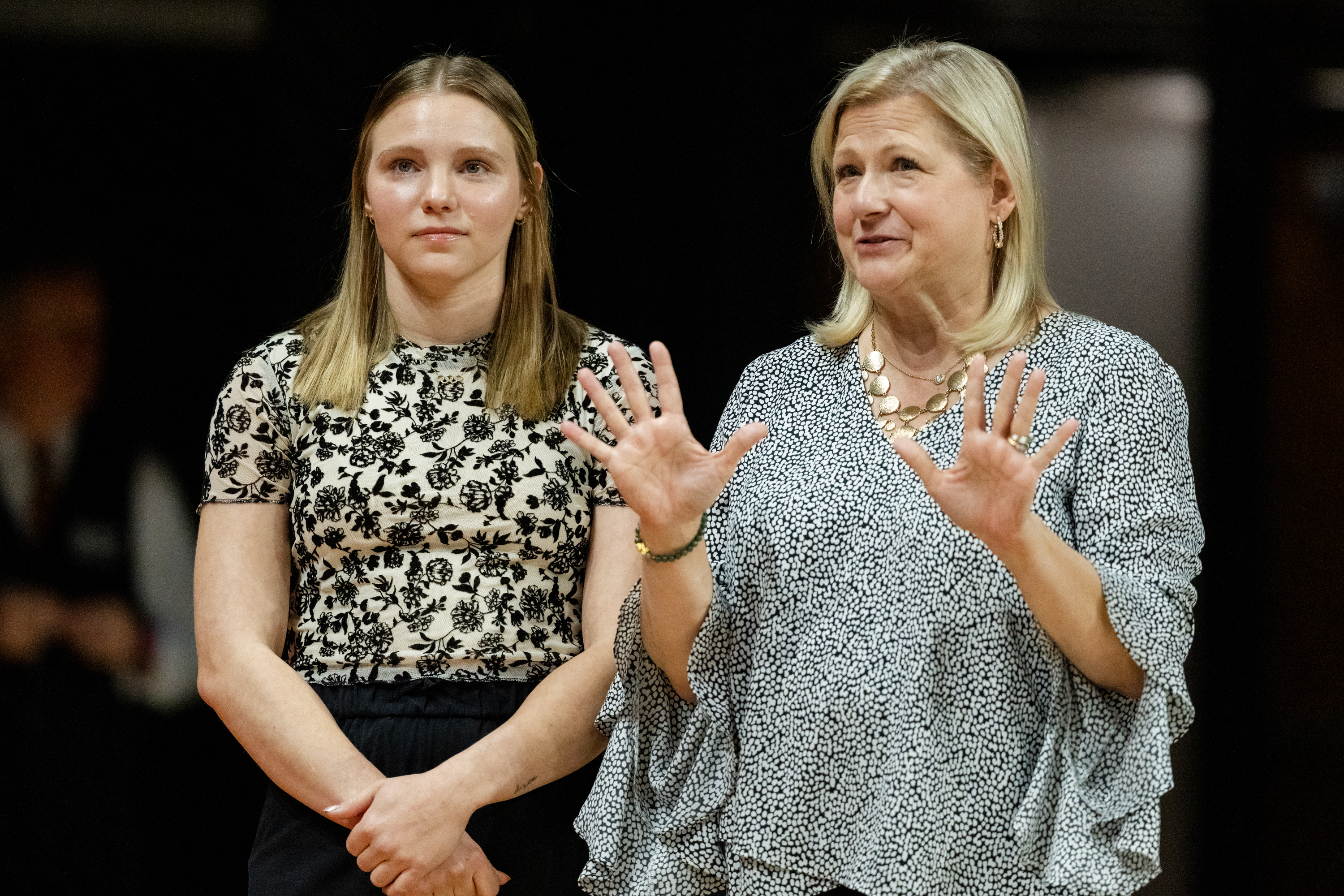 Head Coach Tanya Chaplin of the Oregon State Beavers and Student Assistant Coach Jade Carey talk after a vault during a gymnastics meet against the Sacramento State Hornets at Gill Coliseum on January 16, 2026 in Corvallis, OR.