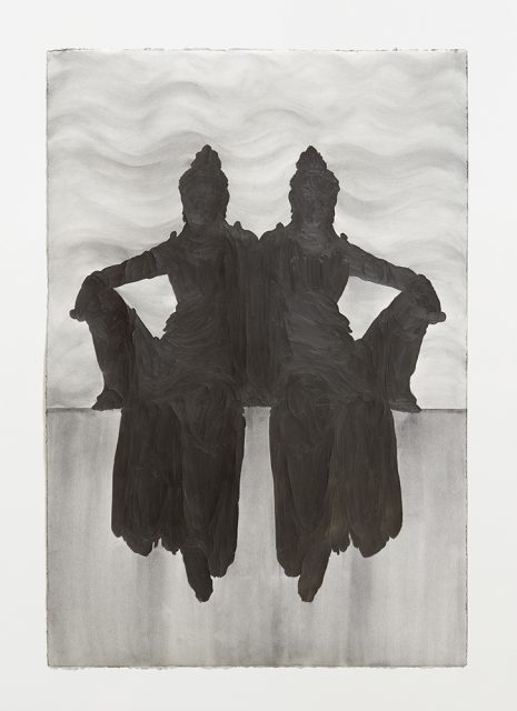 Two shadowy, seated figures sit side by side with arms resting on the back of a bench, set against a wavy, monochromatic background.