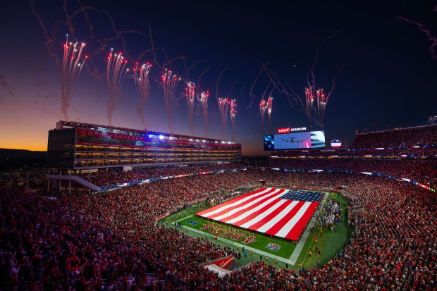 Fireworks explode in the sky during the playing of the national anthem before their NFL game at Levi's Stadium in Santa Clara, Calif., on Sunday, Dec. 28, 2025. (Jose Carlos Fajardo/Bay Area News Group)