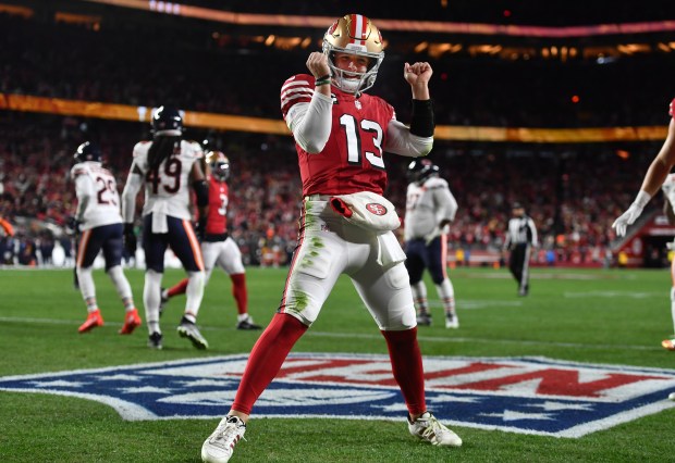 San Francisco 49ers starting quarterback Brock Purdy (13) dances in the end zone after scoring a touchdown in the first quarter of their NFL game at Levi's Stadium in Santa Clara, Calif., on Sunday, Dec. 28, 2025. (Jose Carlos Fajardo/Bay Area News Group)
