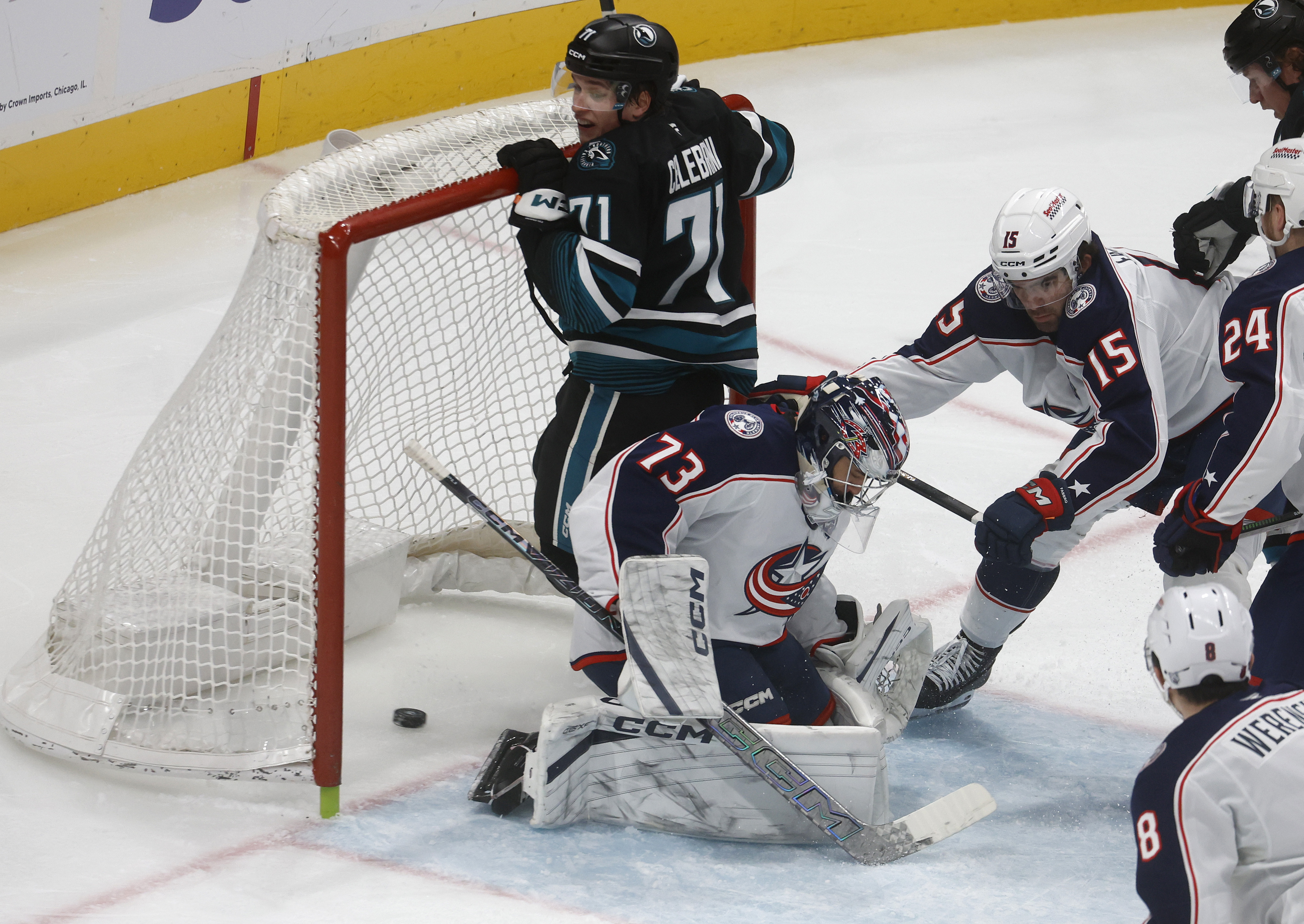 San Jose Sharks' Alexander Wennberg (21), not shown, scores a...