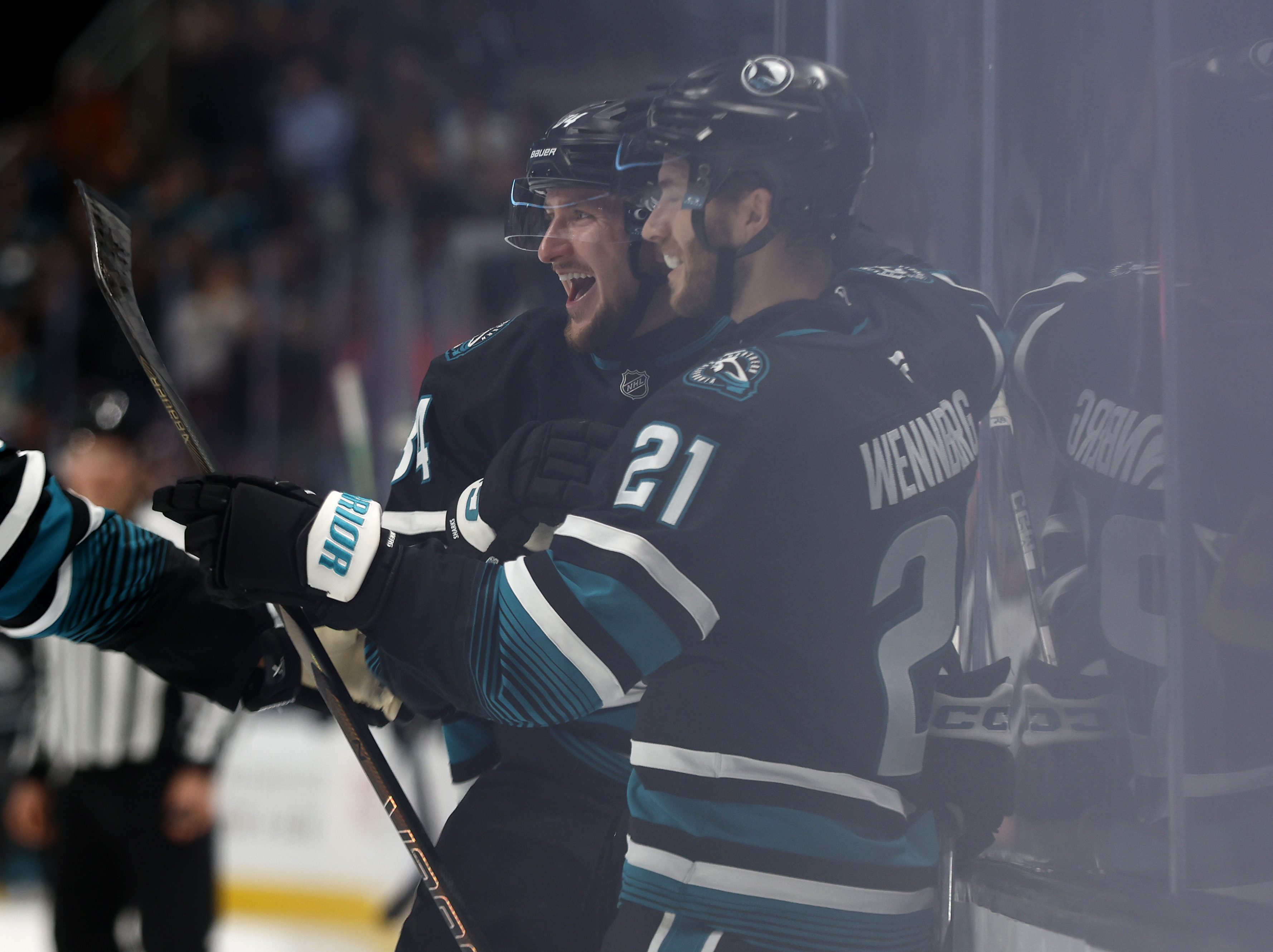 San Jose Sharks’ Pavol Regenda (84) celebrates his goal with...