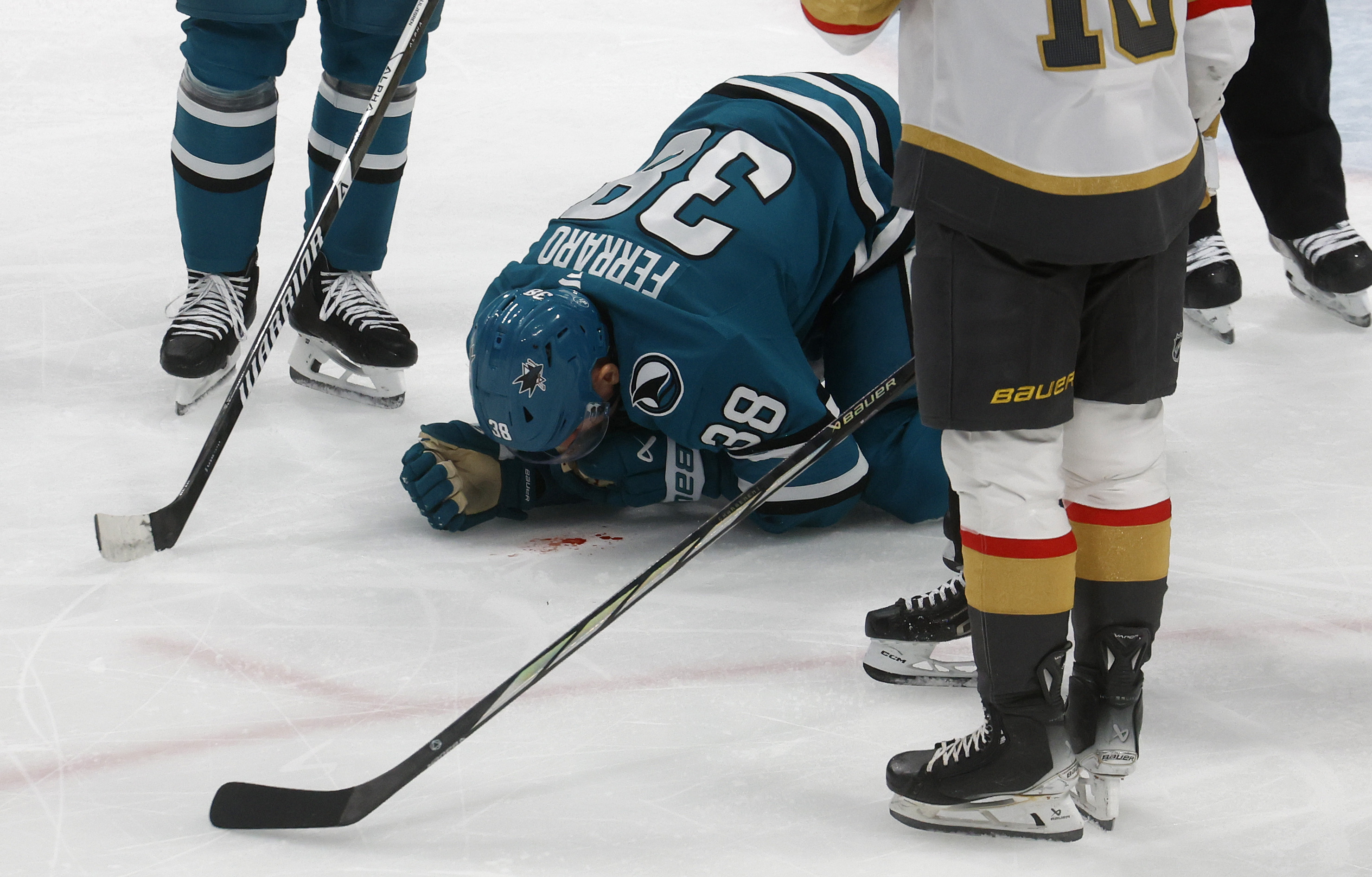San Jose Sharks’ Mario Ferraro (38) is injured during their...