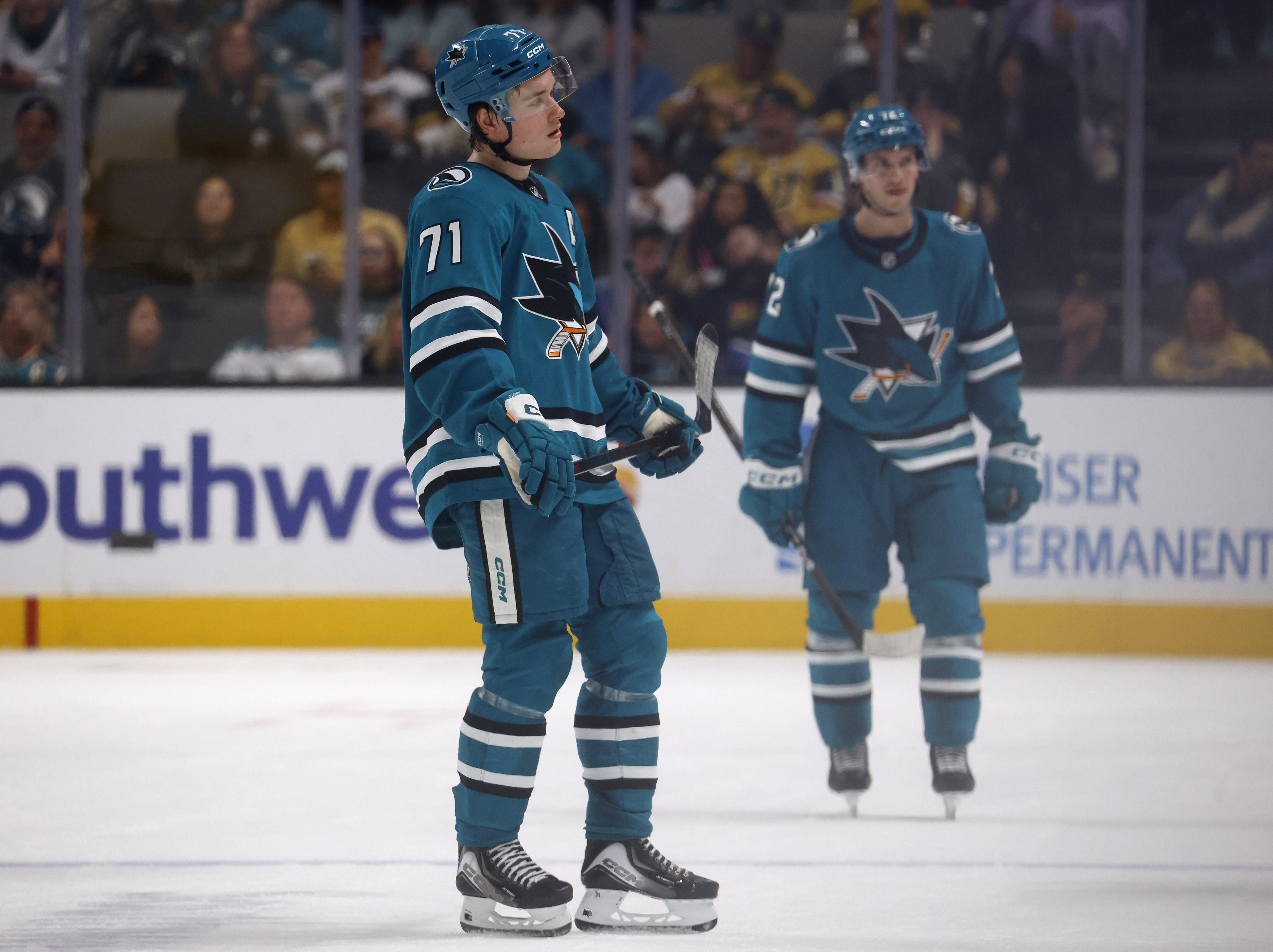 San Jose Sharks’ Macklin Celebrini (71) and San Jose Sharks’...