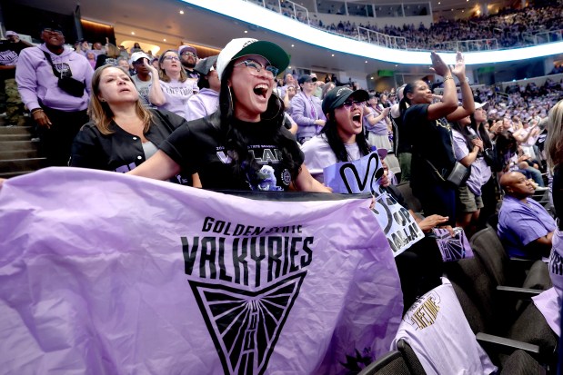 Golden State Valkyries fans cheer in the fourth quarter of Game 2 of the WNBA playoff game against the Minnesota Lynx at SAP Center in San Jose, Calif., on Wednesday, Sept. 17, 2025. (Ray Chavez/Bay Area News Group)