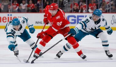 San Jose Sharks lose to Detroit Red Wings as Will Smith scores in return