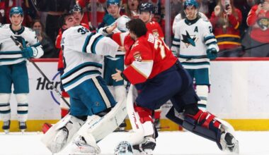Alex Nedeljkovic, Sergei Bobrovsky fight in game between Sharks, Panthers
