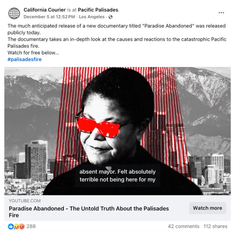 A screenshot of a California Courier Facebook post of a video with the image of Los Angeles Mayor Karen Bass with red marks covering her eyes.