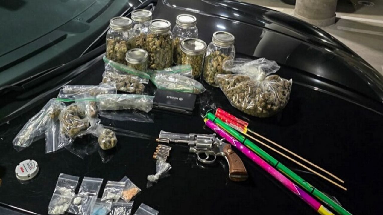CHP Fresno stops speeding driver at 103 mph, finds DUI, drugs, loaded gun, and illegal fireworks. (CHP) (1)