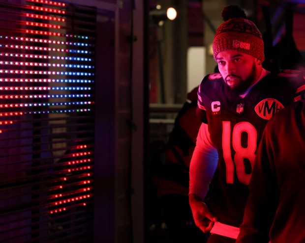 Chicago Bears quarterback Caleb Williams (18) takes the field to face the Los Angeles Rams on Jan. 18, 2026, in an NFC divisional playoff game at Soldier Field. (Brian Cassella/Chicago Tribune)
