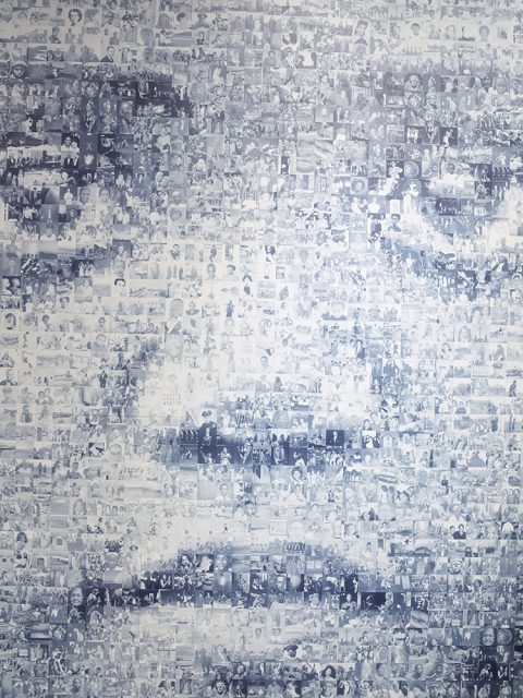 A large mosaic image composed of many smaller black-and-white photographs, arranged to collectively form a close-up of a person's face.