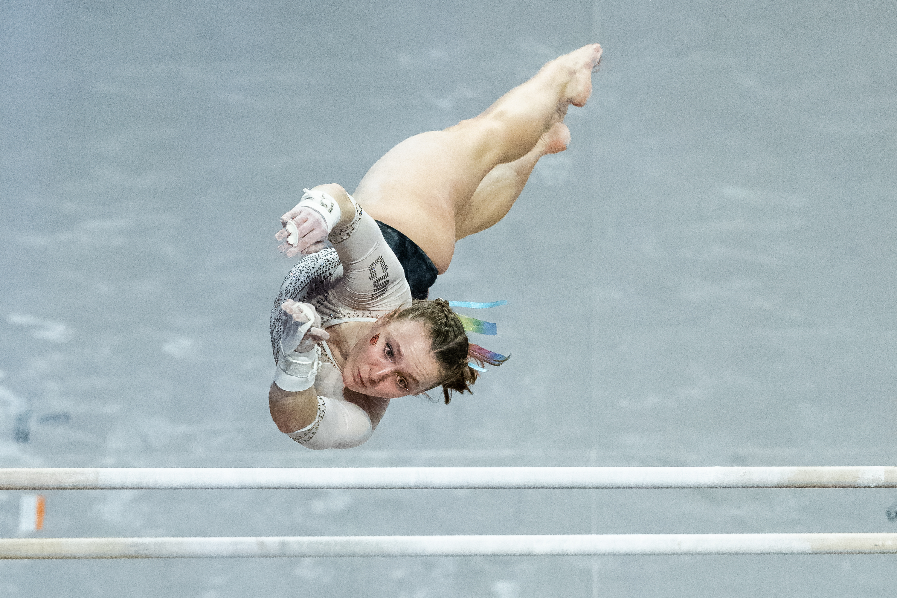 Francesca Caso of the Oregon State Beavers competes on the uneven bars during a gymnastics meet against the Oregon State Beavers at Gill Coliseum on January 16, 2026 in Corvallis, OR.