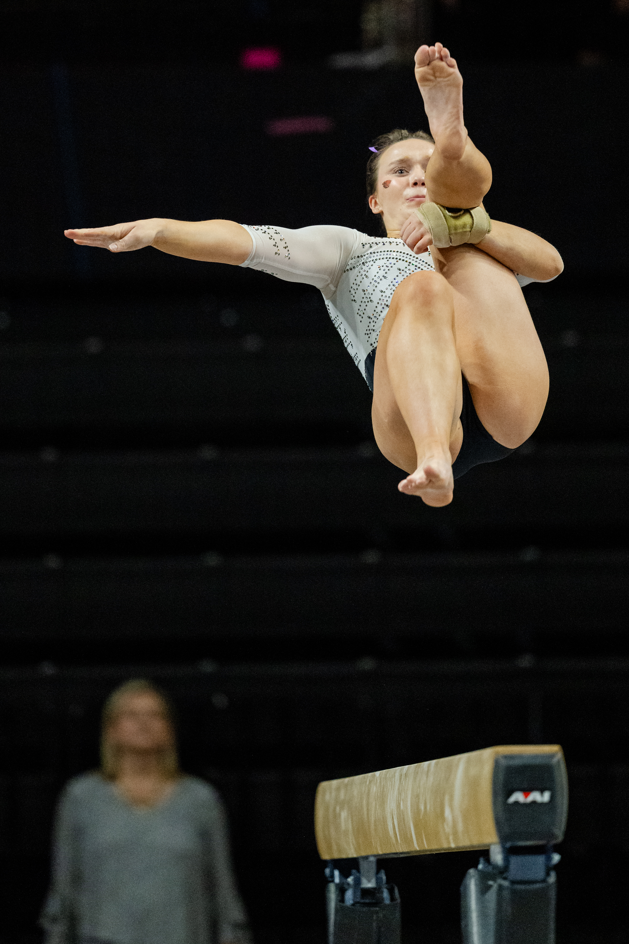 Mia Heather of the Oregon State Beavers competes on the balance beam during a gymnastics meet against the Sacramento State Hornets at Gill Coliseum on January 16, 2026 in Corvallis, OR.