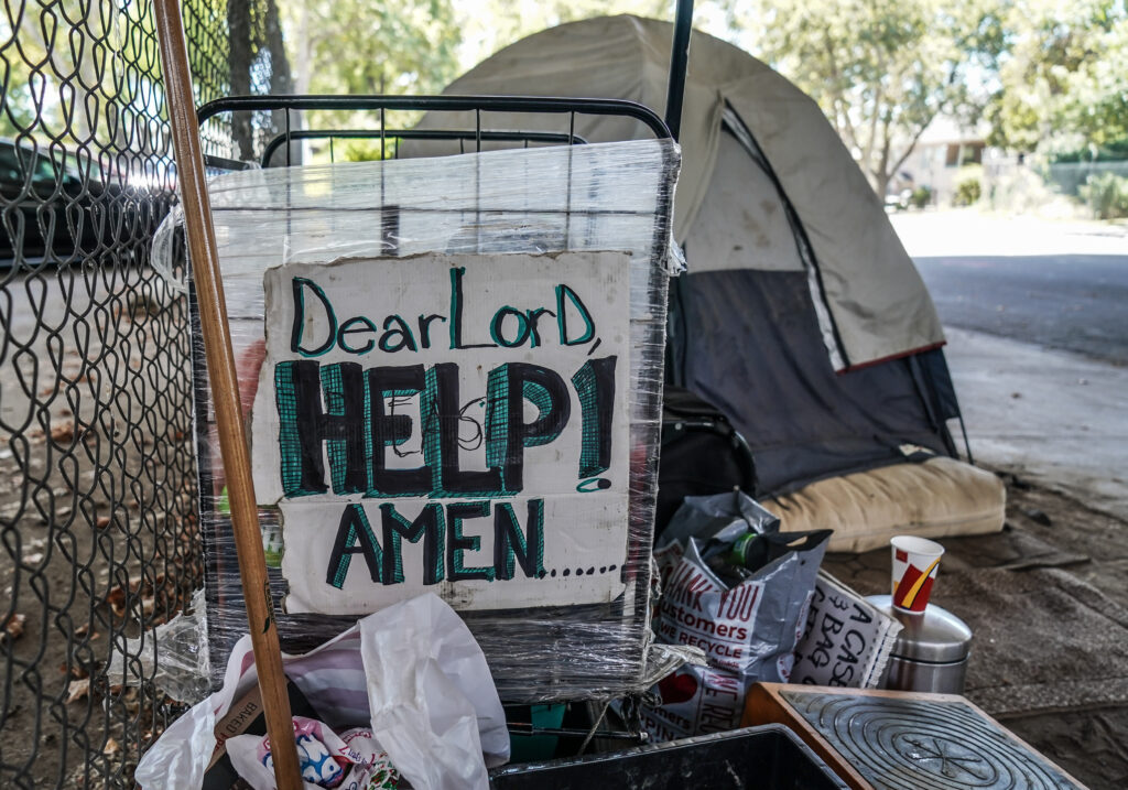 A homeless encampment under a Highway 50 overpass in 2019.