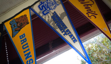 College flags at West Campus High School in Sacramento.