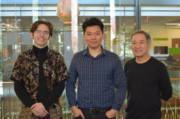 In Los Gatos, Calif. on Wednesday, Dec. 10, Los Gatos Anti-Racism Coalition vice chair Nigel Chandler, right, and president Jeff Suzuki, left, recorded the family history of Los Gatos DEI commissioner Gordon Yamate, right, whose mother was incarcerated during World War II. (Nollyanne Delacruz/Bay Area News Group)