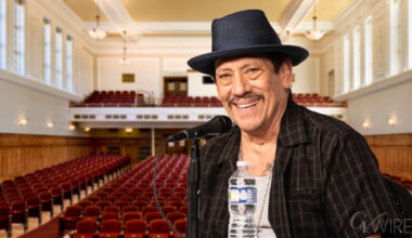 Composite Image of the actor Danny Trejo speaking inside the Old Administration Building at Fresno City
