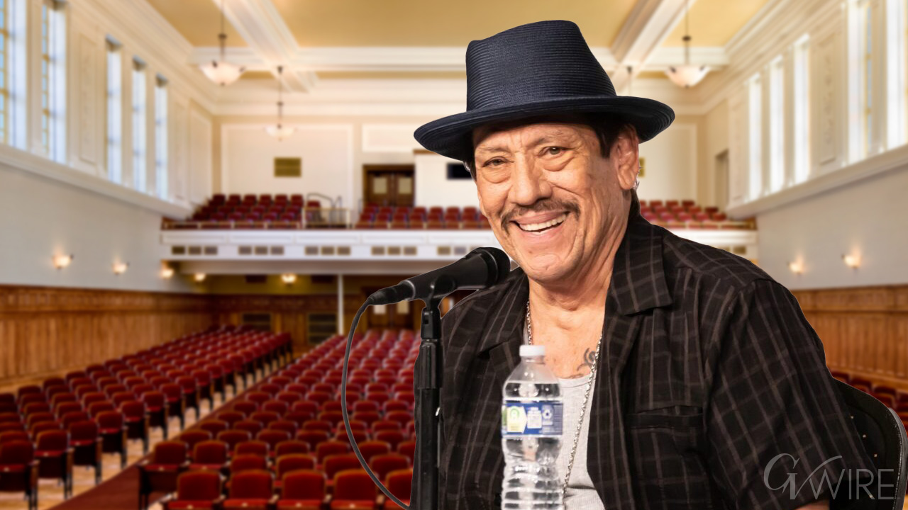 Composite Image of the actor Danny Trejo speaking inside the Old Administration Building at Fresno City