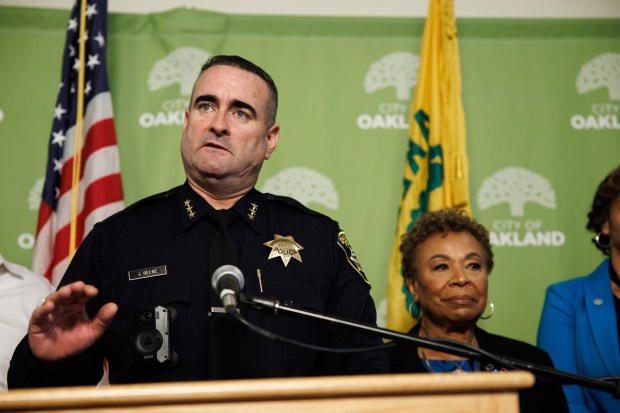 Oakland police Assistant Chief James Beere, who has been appointed as the interim Oakland Police Chief, speaks during a press conference on Friday, Nov. 14, 2025, in Oakland, Calif. (Dai Sugano/Bay Area News Group)
