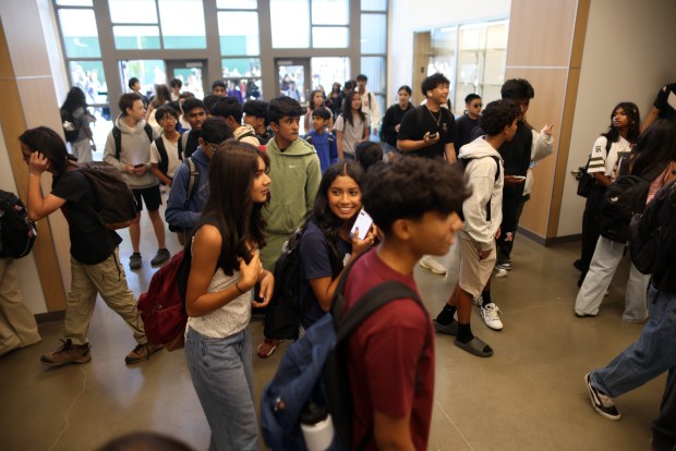 File photo of students navigating a hallway on the new campus of Emerald High School in Dublin on the first day of school in 2024. The campus was the first new comprehensive high school to open in Alameda County in the last 50 years.  (Aric Crabb/Bay Area News Group)